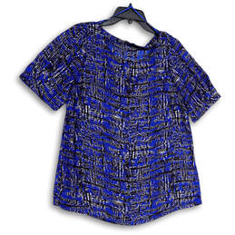 Womens Blue Abstract Round Neck Short Sleeve Pullover Blouse Top Size Large