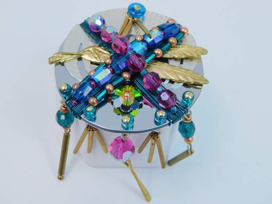 Liztech 916 Mixed Metals Shield of Silence Blue Pink & Green Crystals & Feathers Wire Wrapped Statement Brooch 23.6g image number 1