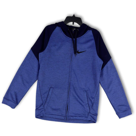 Mens Blue Drawstring Long Sleeve Pockets Stretch Full-Zip Hoodie Size Small image number 1