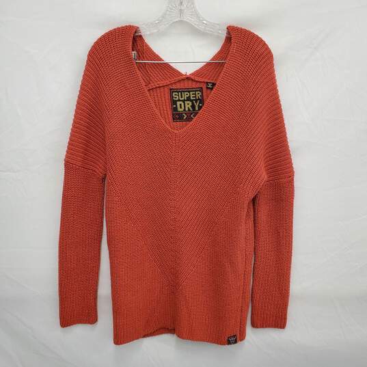 SUPER DRY WM's V-Neck Jumper Orange Acrylic Knitted Sweater Size 6 image number 1