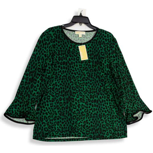 NWT Michael Kors Womens Green Animal Print Bell Sleeve Pullover Blouse Top XXL image number 1