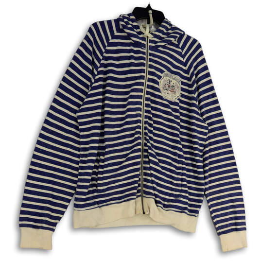 Mens Blue White Striped Long Sleeve Pockets Full-Zip Hoodie Size X-Large image number 1
