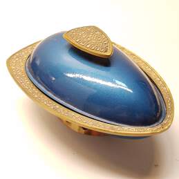 Vintage Judaica Brass Metal Abada Blue Enameled oval Footed Bowl w/ Lid, Made in Israel