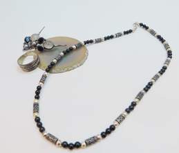 Artisan 925 Black Ball & Bali Style Beaded Necklace Cats Eye Onyx & Pearl Granulated Drop Earrings & Band Ring 25.9g