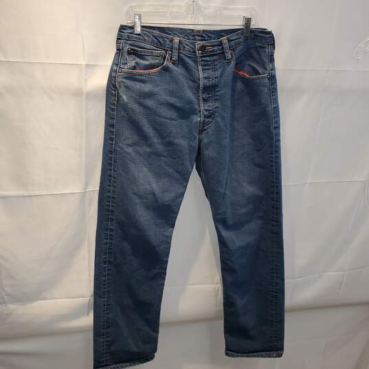 Levi's 501 Blue 5 Button Up Jeans W/Red Lined Pockets Size 33Wx32L image number 1