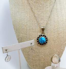 Artisan 925 Taxco Faux Turquoise Pendant Necklace Scrolled Earrings & Ring