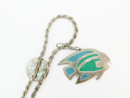 Taxco Mexico 925 Crushed Green & Blue Stone Inlay Tropical Fish Pendant Twisted Chain Necklace 24.2g image number 3