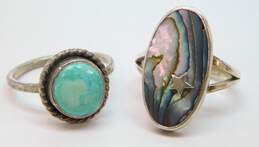 Signed N+F 925 Southwestern Turquoise Cabochon & Star Overlay Abalone Shell Rings Variety 7.4g alternative image