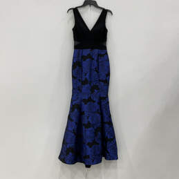 Womens Black Blue Floral Sleeveless V-Neck Back Zip Mermaid Dress Size 4