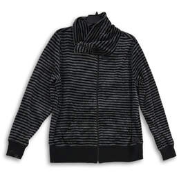 Womens Black Gray Striped Long Sleeve Cowl Neck Full-Zip Sweater Size 1X