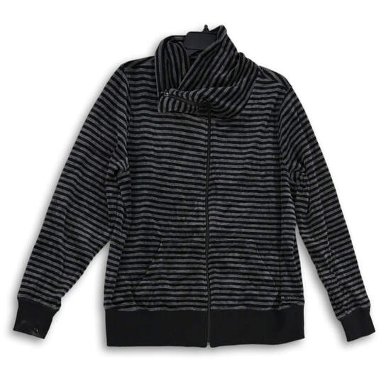 Womens Black Gray Striped Long Sleeve Cowl Neck Full-Zip Sweater Size 1X image number 1