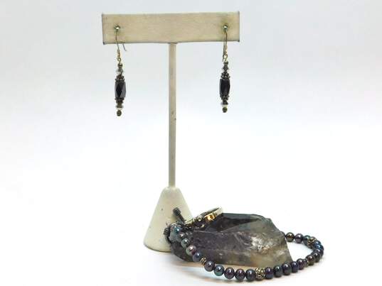 Artisan 925 & Vermeil Accent Garnet Band Ring Hematite Drop Earrings & Dark Pearls Granulated Beaded Toggle Bracelet 19.2g image number 1