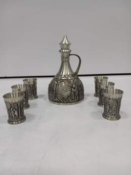Vintage German Etched Pewter Decanter w/ 6 Cups