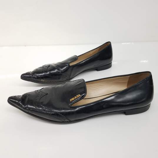 Prada Milano Black Leather Pointed Toe Loafers Women's Size 6 image number 2