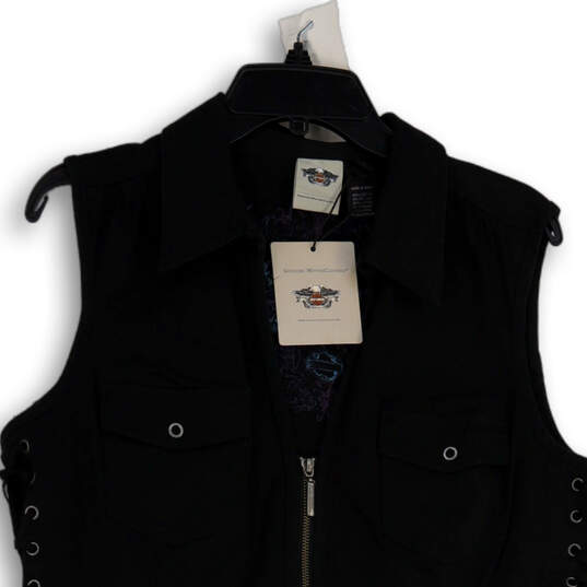 NWT Womens Black Embroidered Spread Collar Lace-Up Full-Zip Vest Size XL image number 3