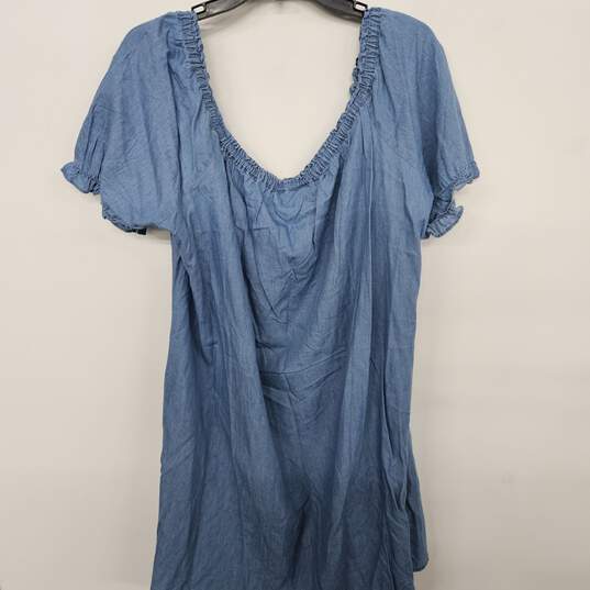 short sleeve blue chambray embroidered mini dress image number 2