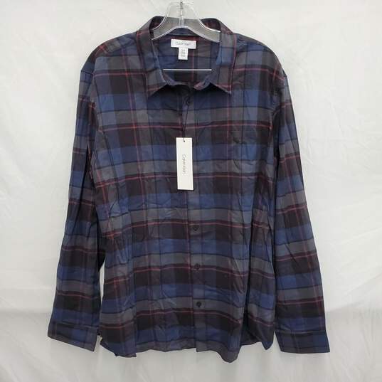 NWT Calvin Klein MN's Blue Plaid Stretch Cotton Long Sleeve Shirt Size XL image number 1