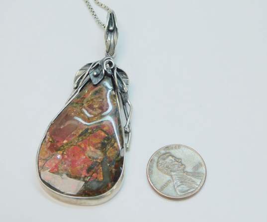 Artisan 925 Red Ammolite Fossil Calla Lilies Teardrop Statement Pendant Box Chain Necklace 22.1g image number 3