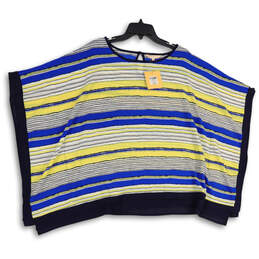 NWT Womens Blue Yellow Round Neck Striped Poncho Blouse Top Size L/XL