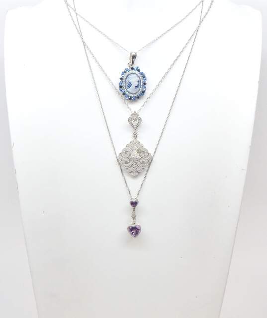 Vintage Inspired Sterling Silver Cameo Diamond Accent & Amethyst Necklaces 16.2g image number 1