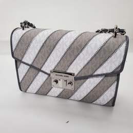 Michael Kors Rose Medium Gray White Striped Leather Flap Shoulder Bag alternative image