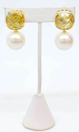 Joan Boyce Yellow Crystal Faux Pearl Drop Clip Earrings 38.4g