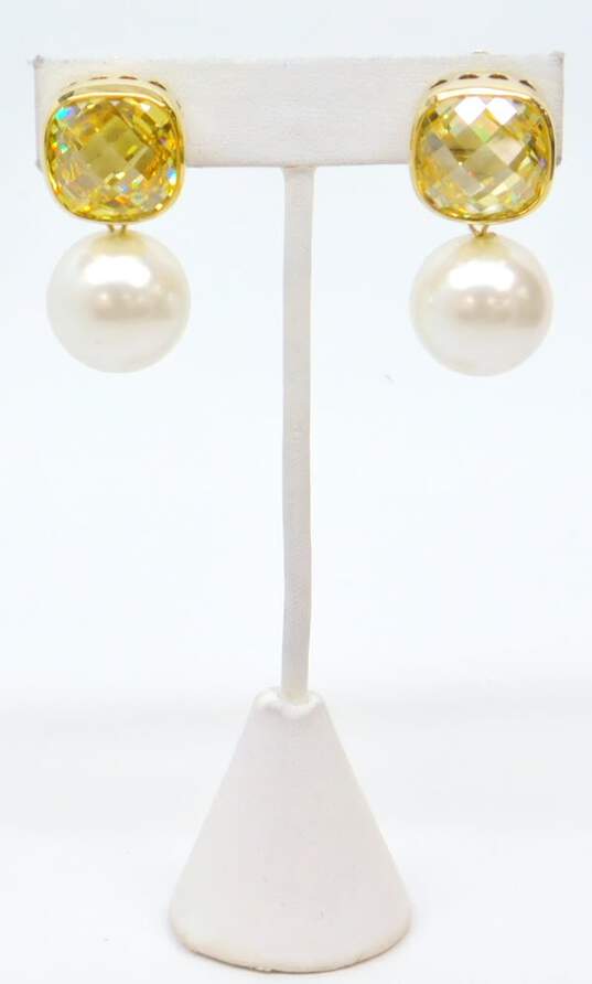 Joan Boyce Yellow Crystal Faux Pearl Drop Clip Earrings 38.4g image number 1