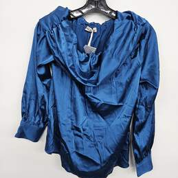 Silk Like Blue Long Sleeve Cowl Blouse