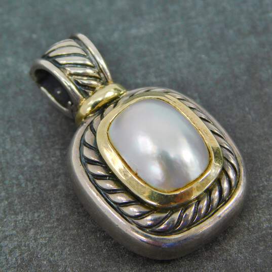 David Yurman 925 & 14K Gold Accent White Mabe Pearl Cable Textured Rectangle Pendant 13g image number 1