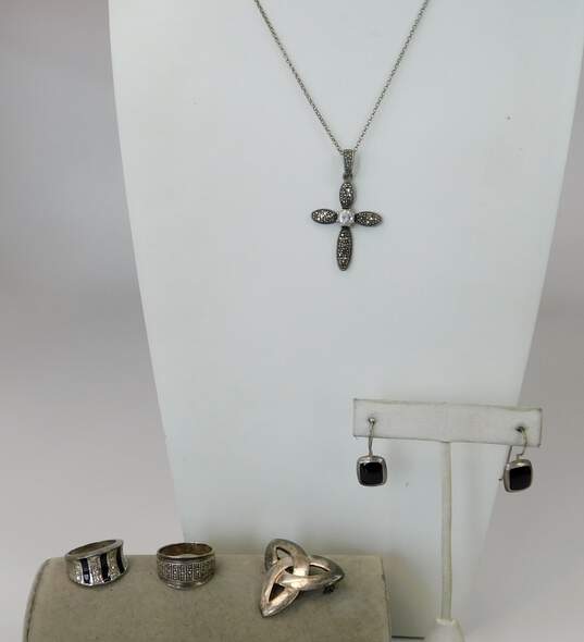 Solvar Romantic 925 Cubic Zirconia & Marcasite Cross Pendant Necklace Onyx Drop Earrings CZ Enamel Stripe Band Rings & Celtic Knot Brooch 32.6g image number 1