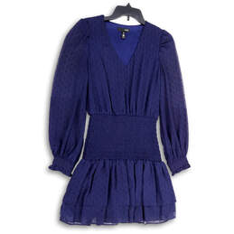 Womens Blue V-Neck Balloon Sleeve Smocked Waist Short Mini Dress Size XS