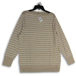 Womens Tan White Striped Crew Neck Long Sleeve Pullover Sweater Size XXL