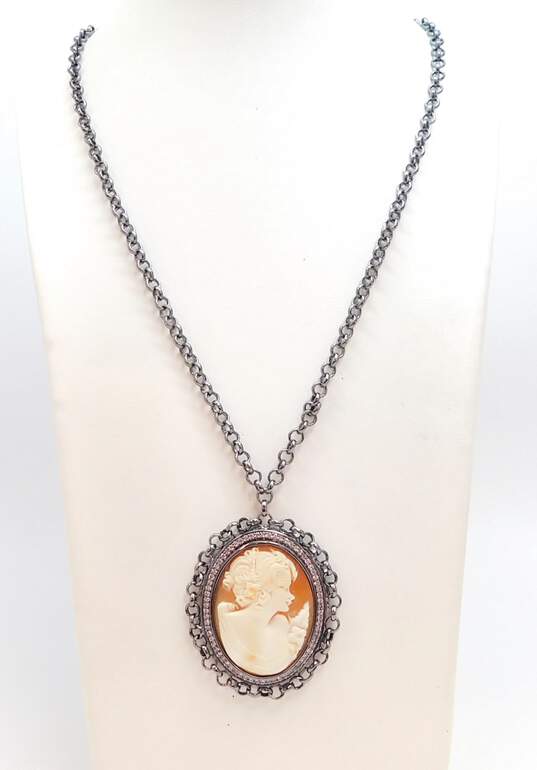 Amedeo Gunmetal Tone Carved Shell Cameo Crystal Pendant Necklace 41.4g image number 1