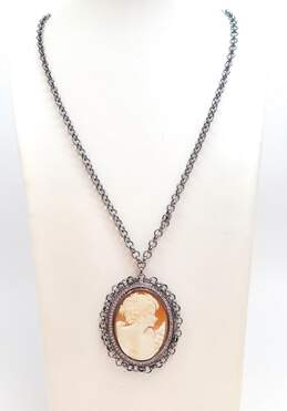 Amedeo Gunmetal Tone Carved Shell Cameo Crystal Pendant Necklace 41.4g