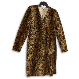 Womens Brown Black Leopard Print V-Neck Long Sleeve Wrap Dress Size Large