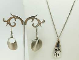 Sterling Silver Hopi Overlay Kokopelli Teardrop Necklace & Taxco Modernist Circle Earrings 20.3g