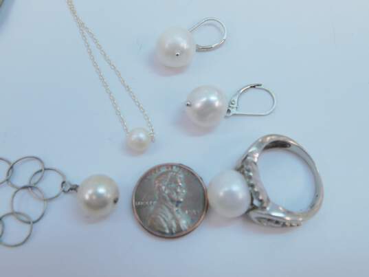 Romantic Sterling Silver Faux Pearl Necklaces Ring & Earrings w/ Chain Bracelet 20.0g image number 8