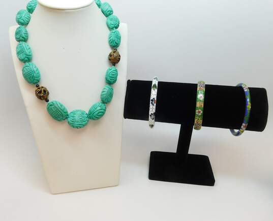 Vintage & Contemporary Asian Inspired Beaded Necklace & Cloisonne Enamel Bangle Bracelets 248.7g image number 1