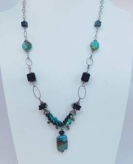 Artisan 925 Sterling Silver Faux Turquoise & Beaded Statement Pendant Necklace 34.3g