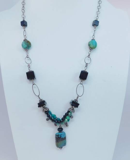 Artisan 925 Sterling Silver Faux Turquoise & Beaded Statement Pendant Necklace 34.3g image number 1