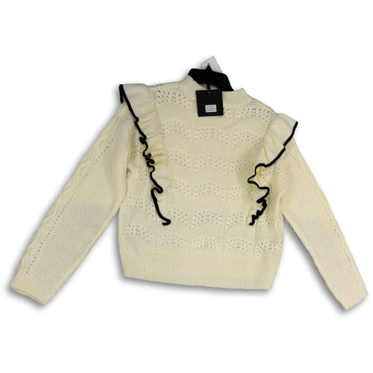 NWT Womens White Knitted Long Sleeve Ruffle Mock Neck Pullover Sweater Sz M image number 2
