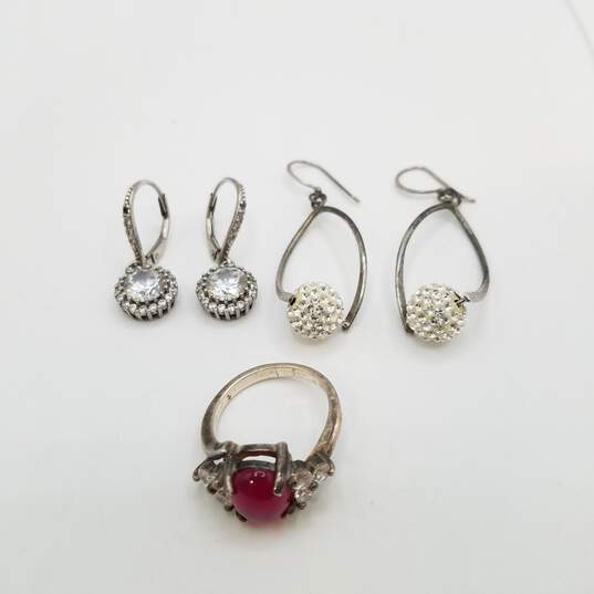 Sterling Silver CZ Crystal Cabochon Sz 5 1/2 Ring Earring Bundle 3 Pcs 11.1g image number 1