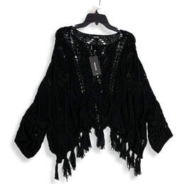 NWT Womens Black Knitted Fringe Round Neck Pullover Sweater Size One Size