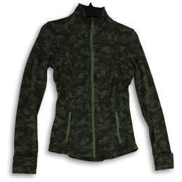 Womens Green Camouflage Long Sleeve Mock Neck Full-Zip Jacket Size 6