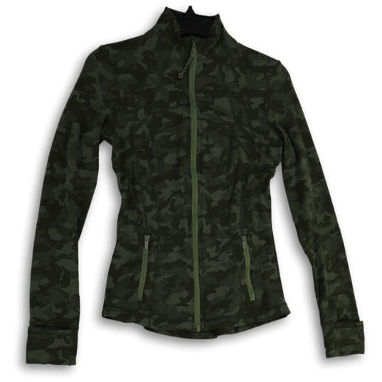 Womens Green Camouflage Long Sleeve Mock Neck Full-Zip Jacket Size 6 image number 1