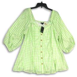 NWT Torrid Womens Green White Check Puff Sleeve Button Front Blouse Top Size 2