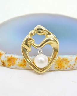 10K Yellow Gold Pearl & Diamond Accent Mother & Baby Child Heart Pendant 2.5g