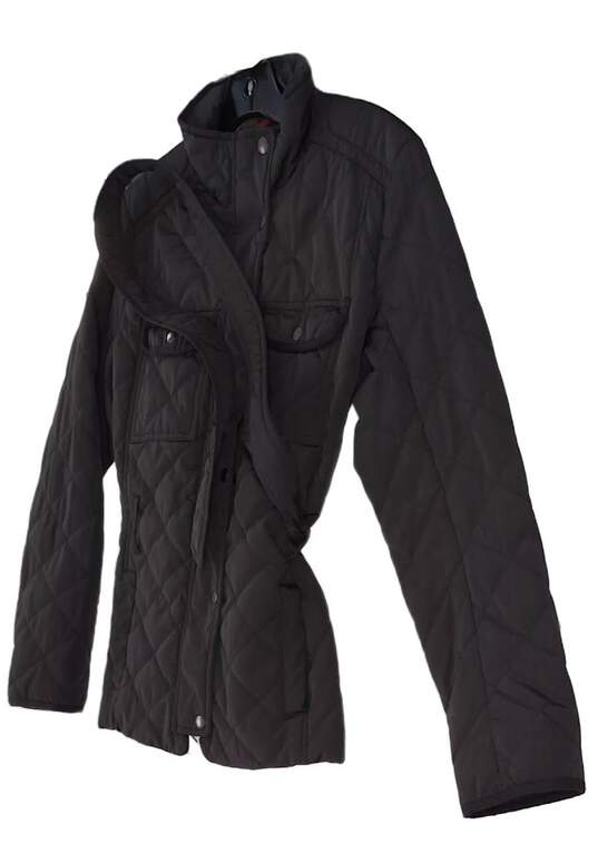 Women Black Long Sleeve Snap Front Pockets Winter Puffer Jacket Size Small image number 1