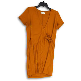 Womens Orange V-Neck Short Sleeve Knotted Knee Length Wrap Dress Size Small
