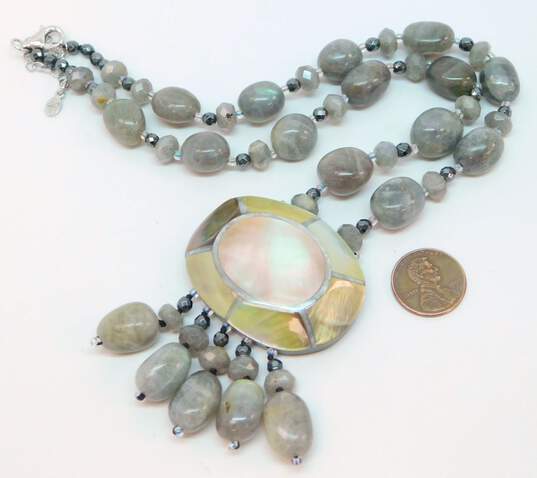 Sally C Treasures 925 Labradorite Bead Mother Of Pearl Shell Pendant Necklace 84.6g image number 11